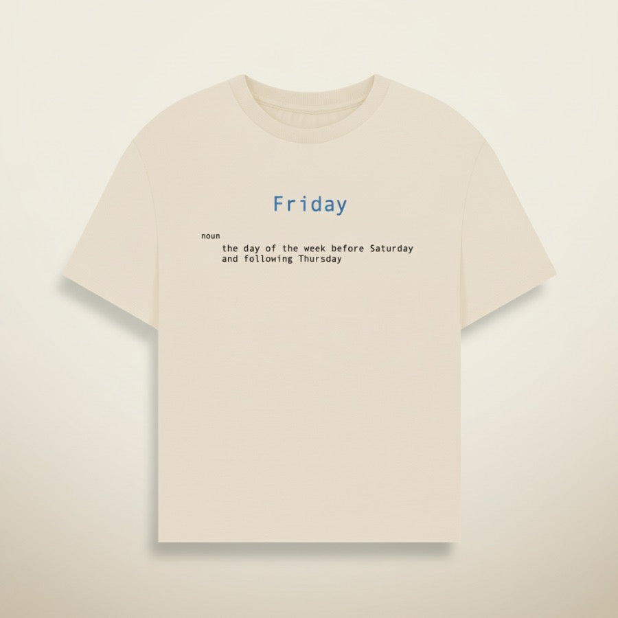 Beige t-shirt with 'Friday' definition text on a beige background
