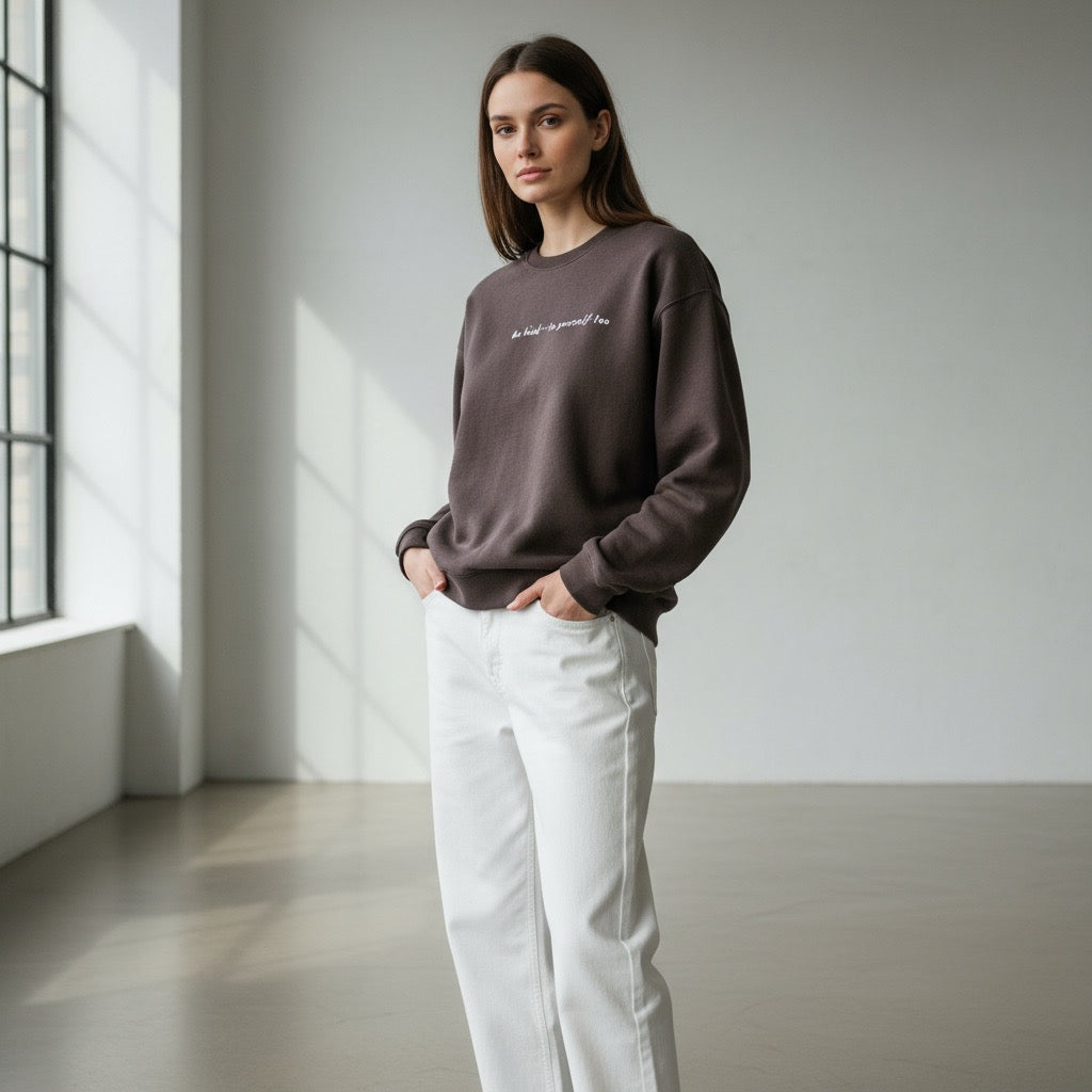 Woman wearing a dark brown sweatshirt and white pants in a minimalistic room.