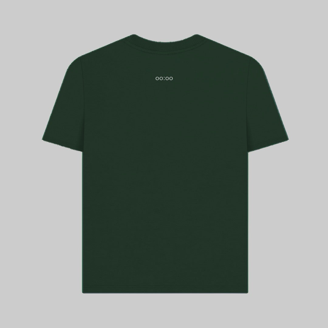 Dark green t-shirt with a small white logo on the back against a light gray background