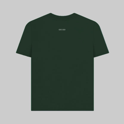 Dark green t-shirt with a small white logo on the back against a light gray background